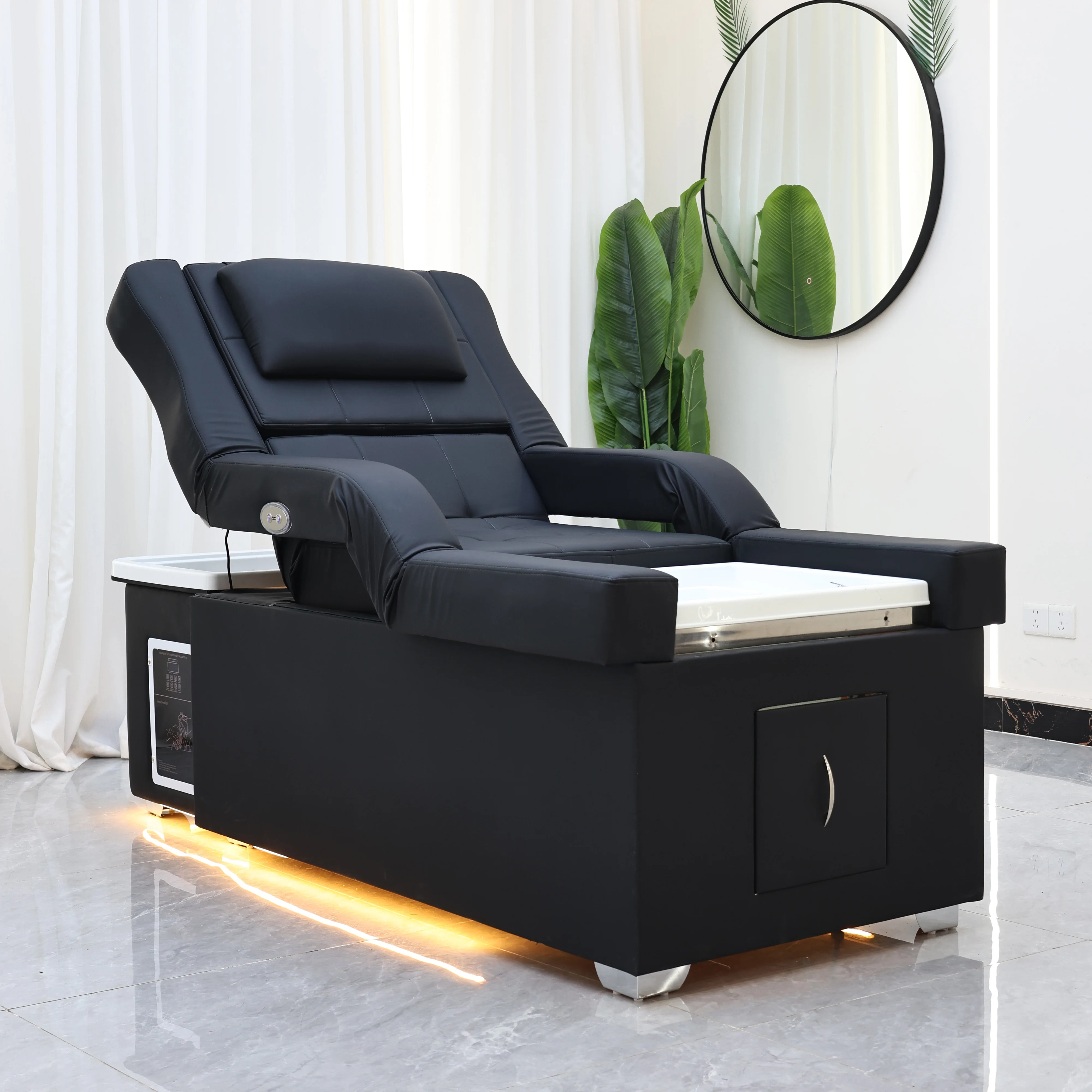 Moderner schwarzer Leder-Fußmassagestuhl, Salon 2-in-1 Shampoo- und Fußbadstation, elektrischer Fußmassagestuhl mit LED-Beleuchtung – Detail 3