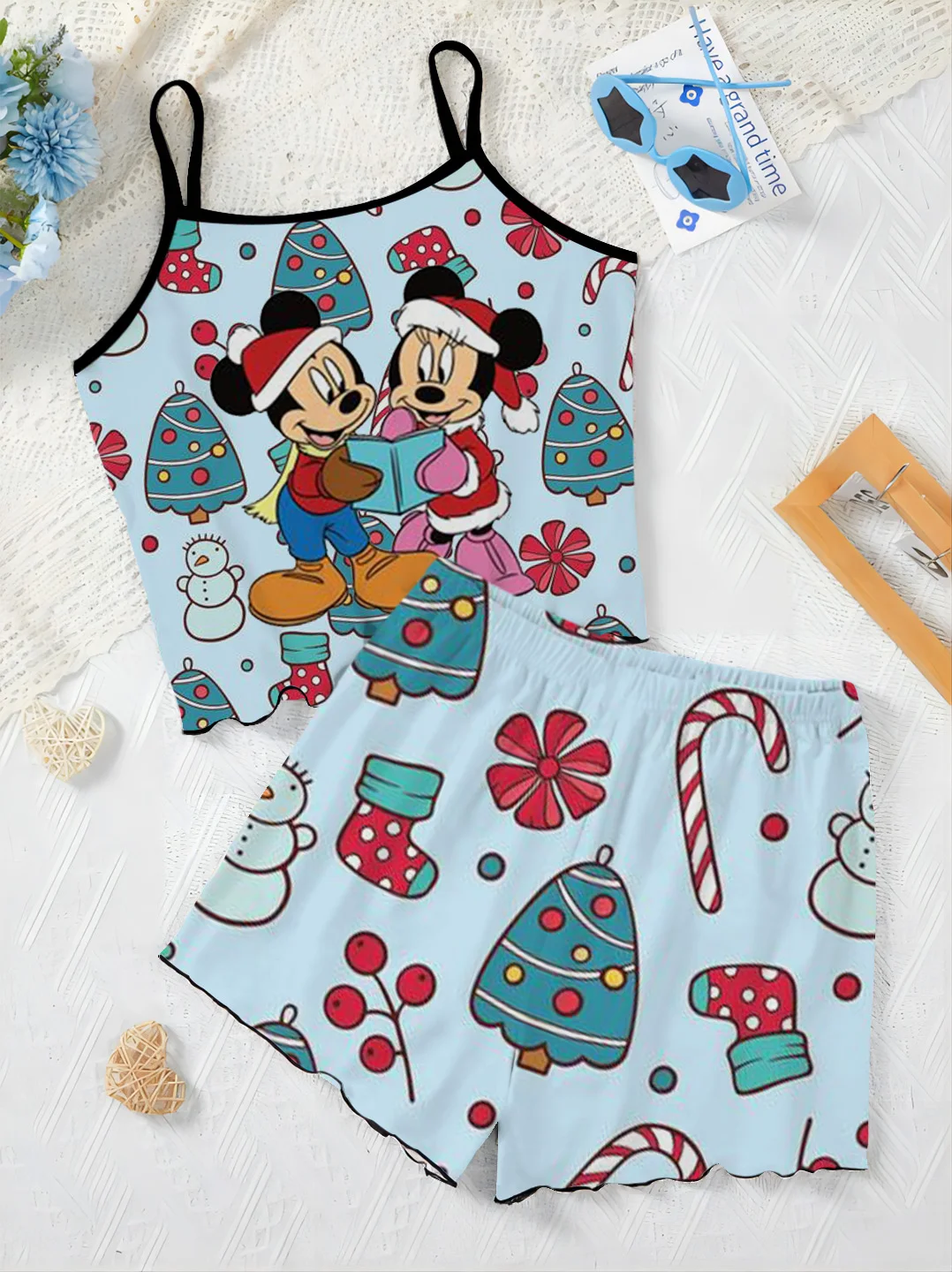 Disney Mickey Short Sets for Women 2 Pieces Pajama Skirt Minnie Mouse T-shirt Women's Suit Slip Dress Christmas Top Lettuce Trim