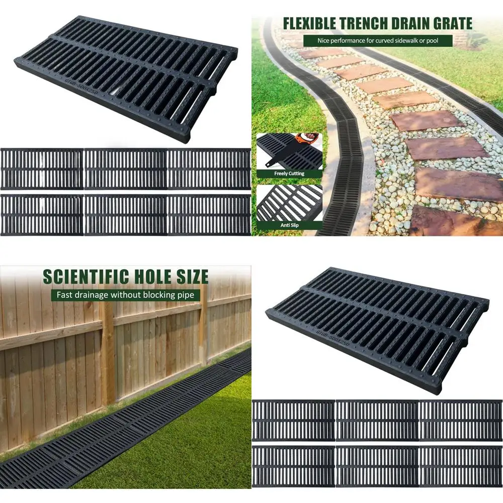 

Durable 118 Long Polymer Drain Strainer, 6-Pack Channel Grates for Outdoor Yard, Sidewalk, and Farm Drainage