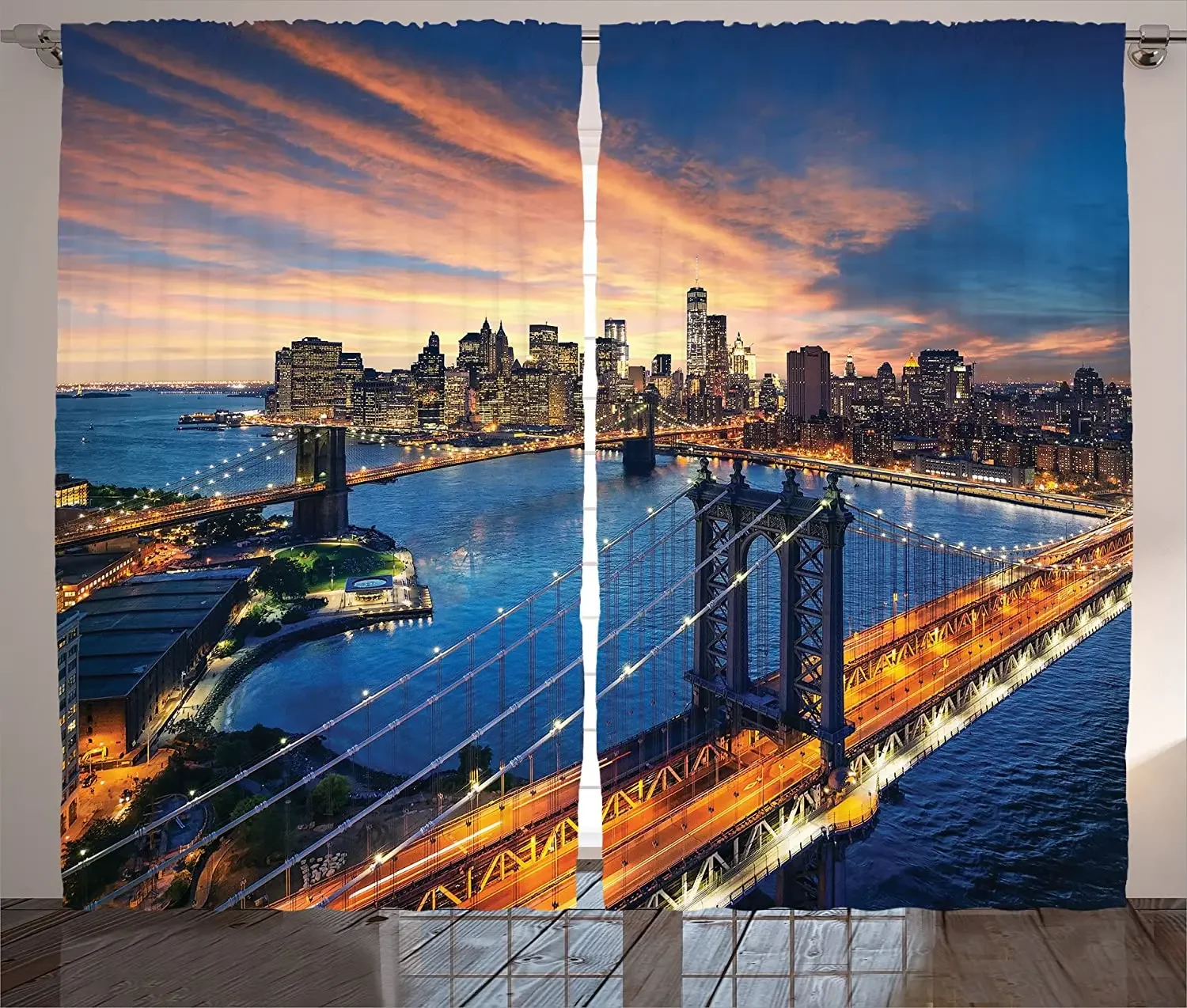 Landscape Blackout Curtains American City Sunset Over Manhattan and Brooklyn Bridge Cityscape Picture Print Window Curtain