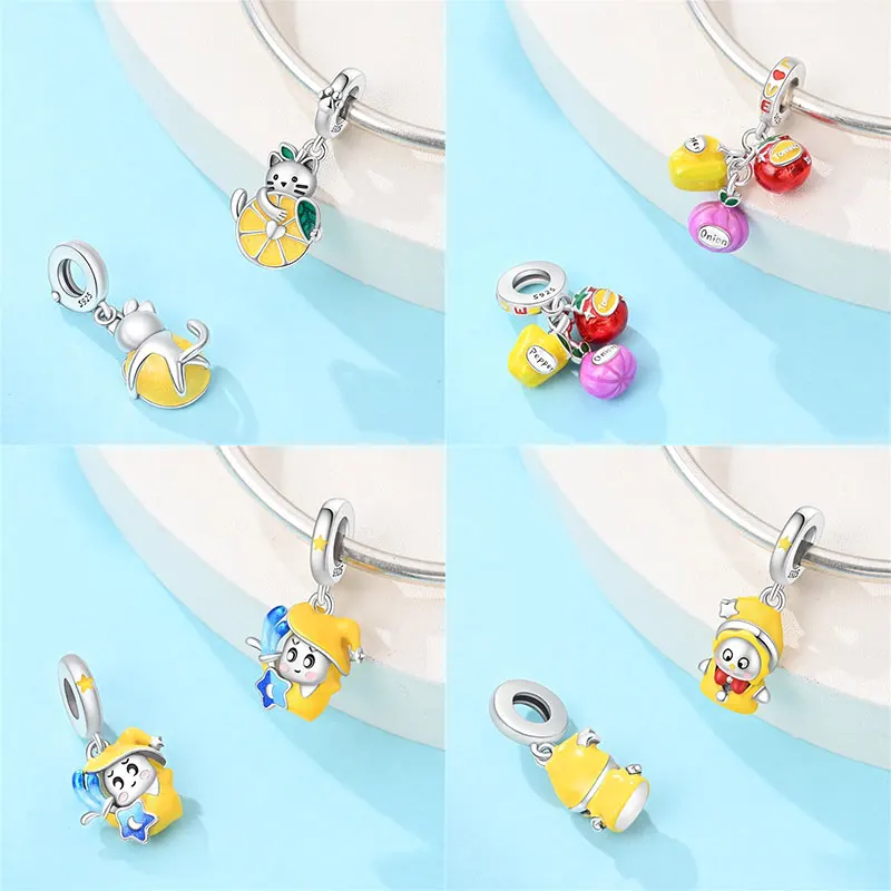 925 Silver Plated Love Beads Cartoon Lemon Cat Bear Butterfly Rose Charms Fit DIY Bracelet Pendant Fashion Jewelry Women Gift