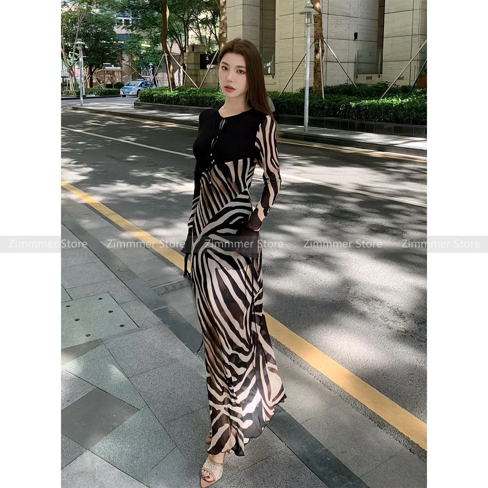 Retro sexy zebra pattern stitching cut slim fit long sleeve long dress female 2024 early autumn new