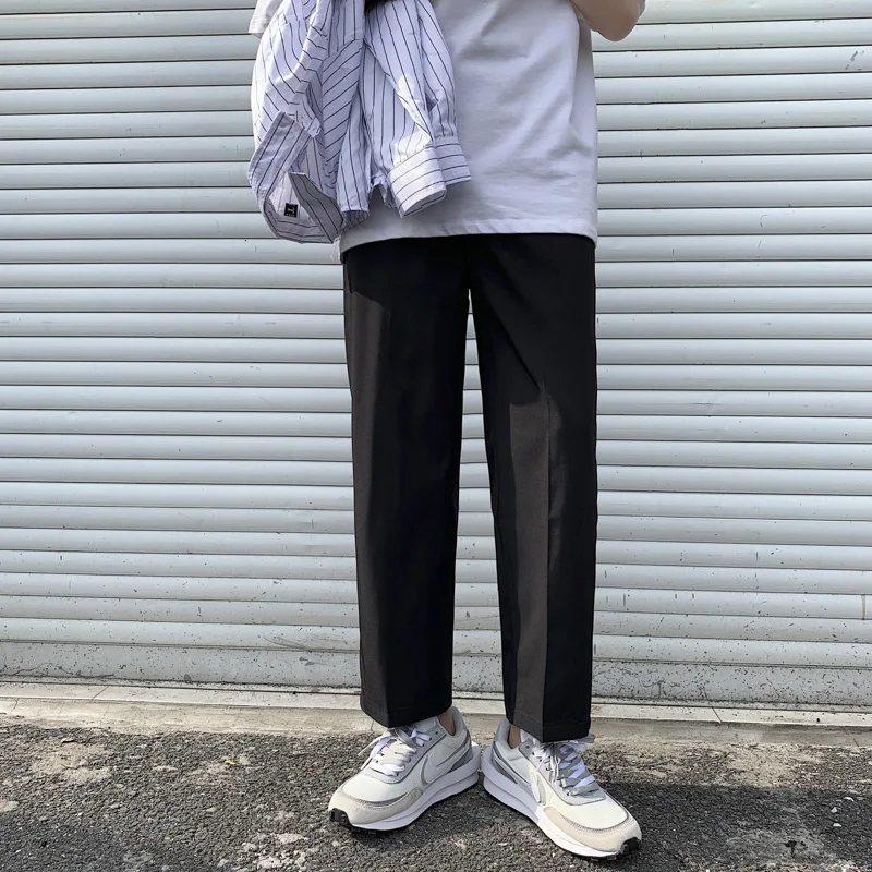 

Casual Men's Uniform Pants Drapey Loose Straight Korean Style Versatile Summer Nine Points Straight Leg Trousers for Teens