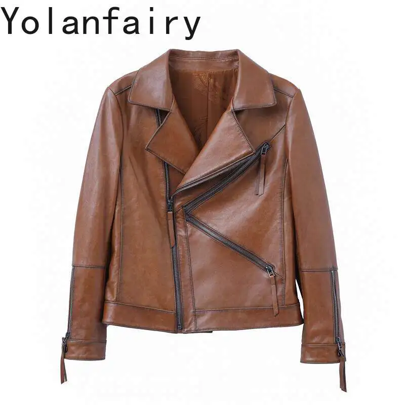 YOLANFAIRY 2026 Autumn Genuine Sheepskin Leather Jacket Women Short Slim Fit Blazer Collar Long Sleeve Real Leather Biker Coat