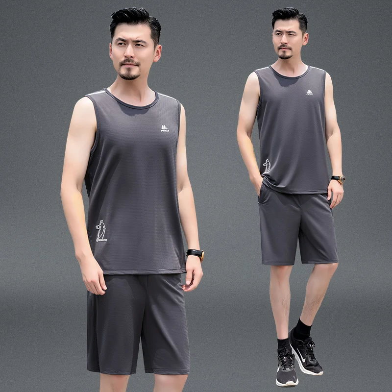 

Summer Ice Silk Men's Sports Vest Set No Sve Baskeall orm plus Size Qui Dry Lightweight Running Fitn Suit