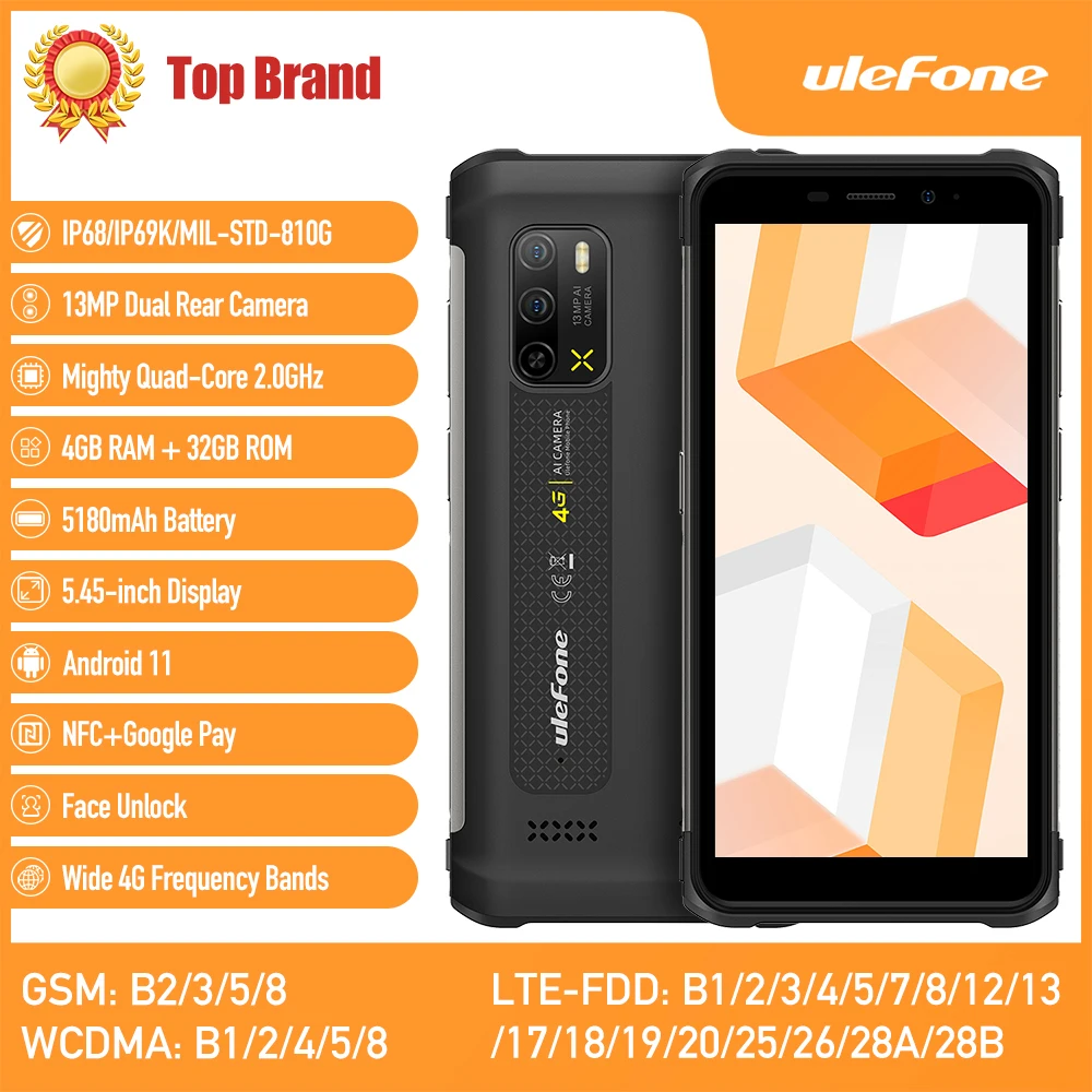 Ulefone Armor X10 4GB+32GB Mobile Phone IP68/IP69K 5180mAh Face Unlock 13MP Underwater Camera  Android 11 Smartphone Global