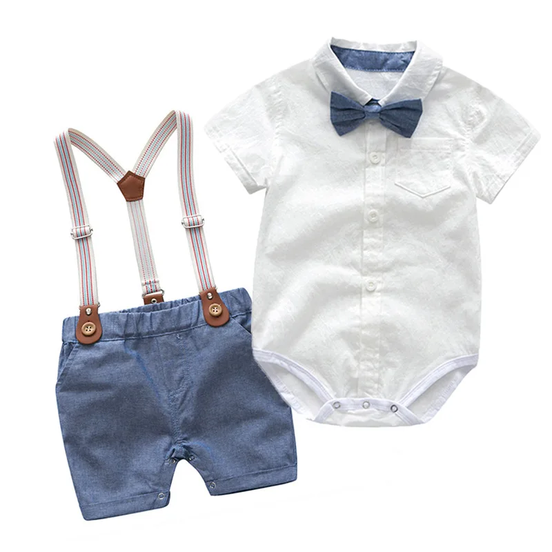 Somenie Traje de escalada de verano de dos piezas para bebé varón con cuello, camisa blanca de caballero, overol, vestido con corbata