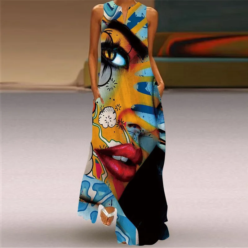 

3D Rose Printed Maxi Dresses For Women 2023 New Summer Ladies Sleeveless V-neck Print Retro Dress Femme Robe Women's Clothing