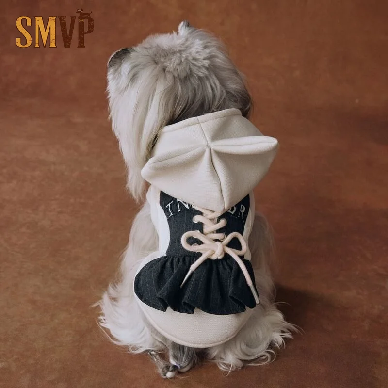 Pet Hoodie Dress with Cat Ears Autumn Winter Dog Cat Hooded Dress Puppy Cute Warm Soft Outfit for Small Medium Pets Clothes