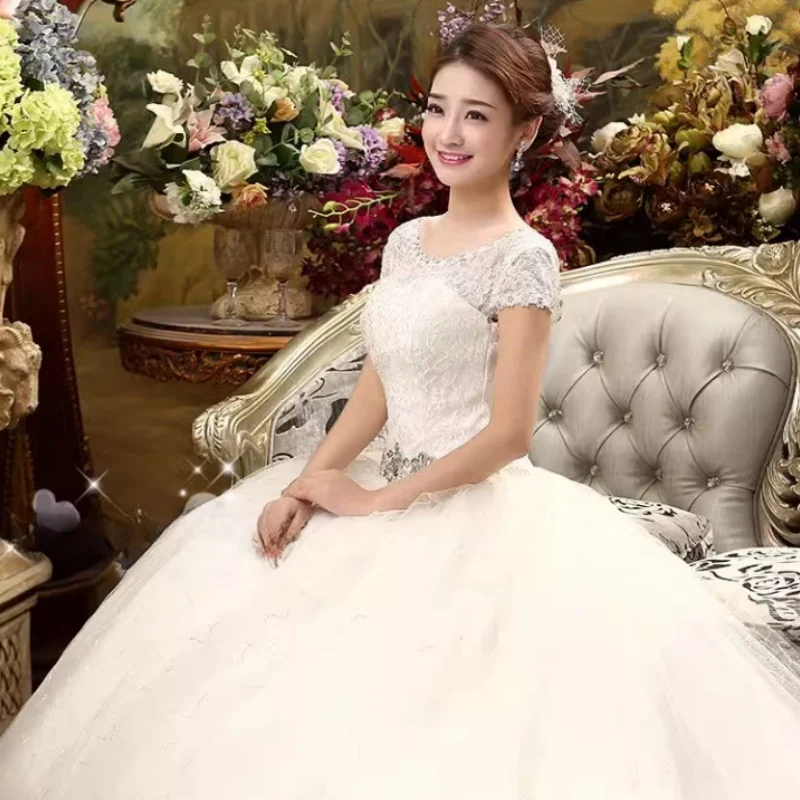 It's Yiiya Wedding Dresses White Cheap O-neck Short Sleeves Crystal Lace up Princess Floor-length Plus size Trailing Bride Gowns