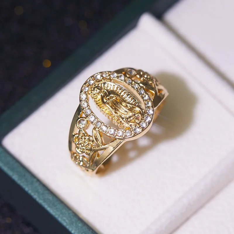 Classic Hip Hop Punk Gold Color Skeleton Flower Oval Mary Portrait Ring Unisex Fashion Party Jewelry Accessories