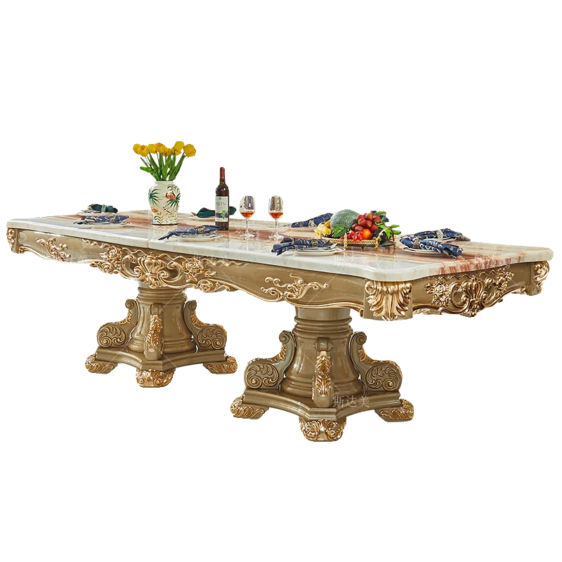 

European marble dining table full solid wood carving flower square table villa hotel clubhouse home luxury super long w
