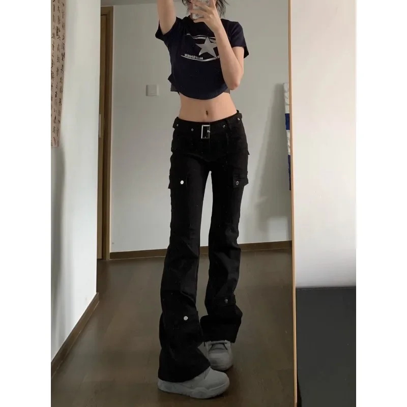 QWEEK Y2k Streetwear Cargo Jeans Women Black Gyaru Gothic Grunge Flare Denim Pants Vintage Korean Style Tights Trousers Baddies
