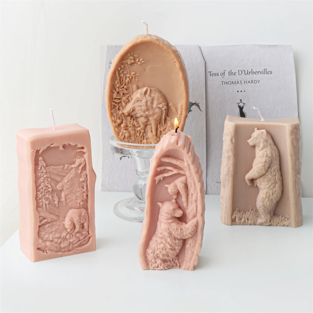 Flat Embossed Wild Animal Boar Silicone Candle Mold Forest Bear Plaster Resin Casting Home Decor Tools Gypsum Soap Making Mould