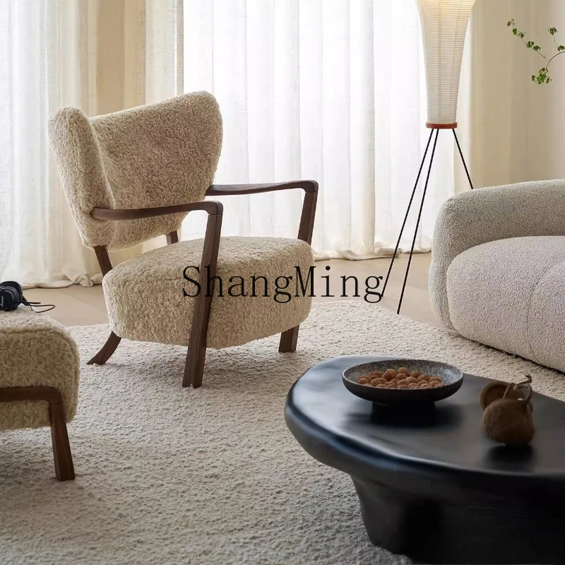 

Woolf leisure chair milk tea brown French retro style solid wood medium antique lamb wool single sofa chair