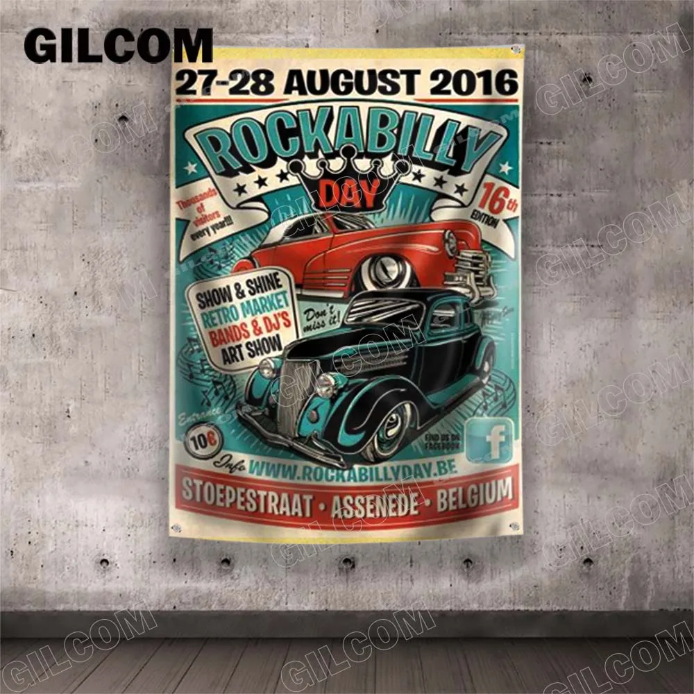 Flag Hot Road Custom Show Rockabilly  Music Home Poster Advertise Logo Sport Outdoor Club Digital Printing Banner Brass Grommet