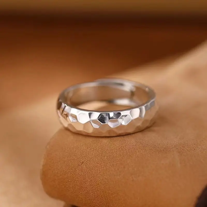 999 Sterling Silver Hammered Ring for Women Niche Design High-Grade Fashion Light Luxury Personalized Index Finger Open Ring