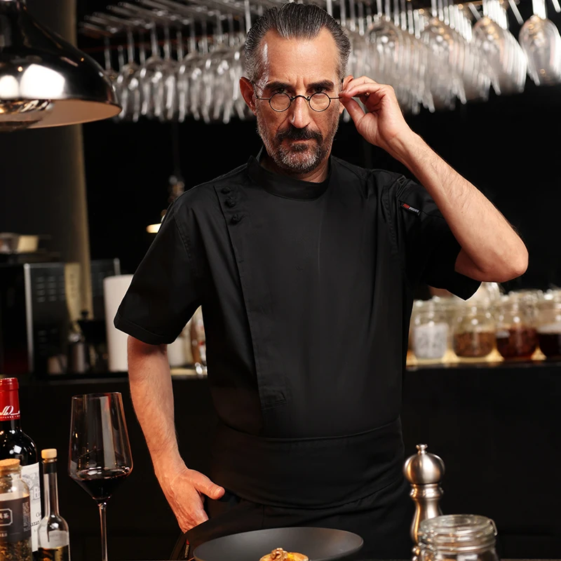 Uniforme de chef manga curta para homens Jaqueta de cozinha Roupas de trabalho Traje de hotel Fato de cozinha do restaurante Camisa verão