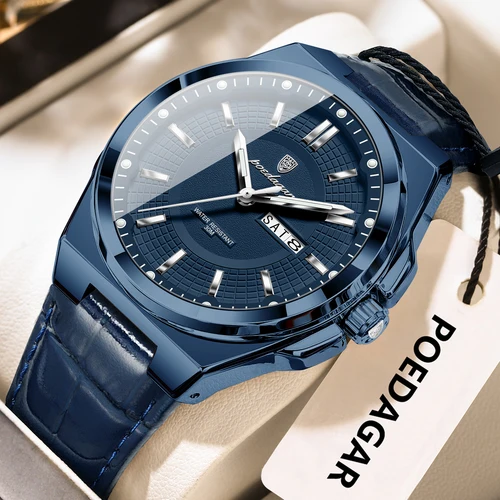 Reloj de pulsera POEDAGAR de marca a la moda para hombre, Reloj de pulsera resistente al agua con fecha luminosa y semana de cuarzo, relojes de lujo para hombre, Reloj de negocios de cuero para hombre
