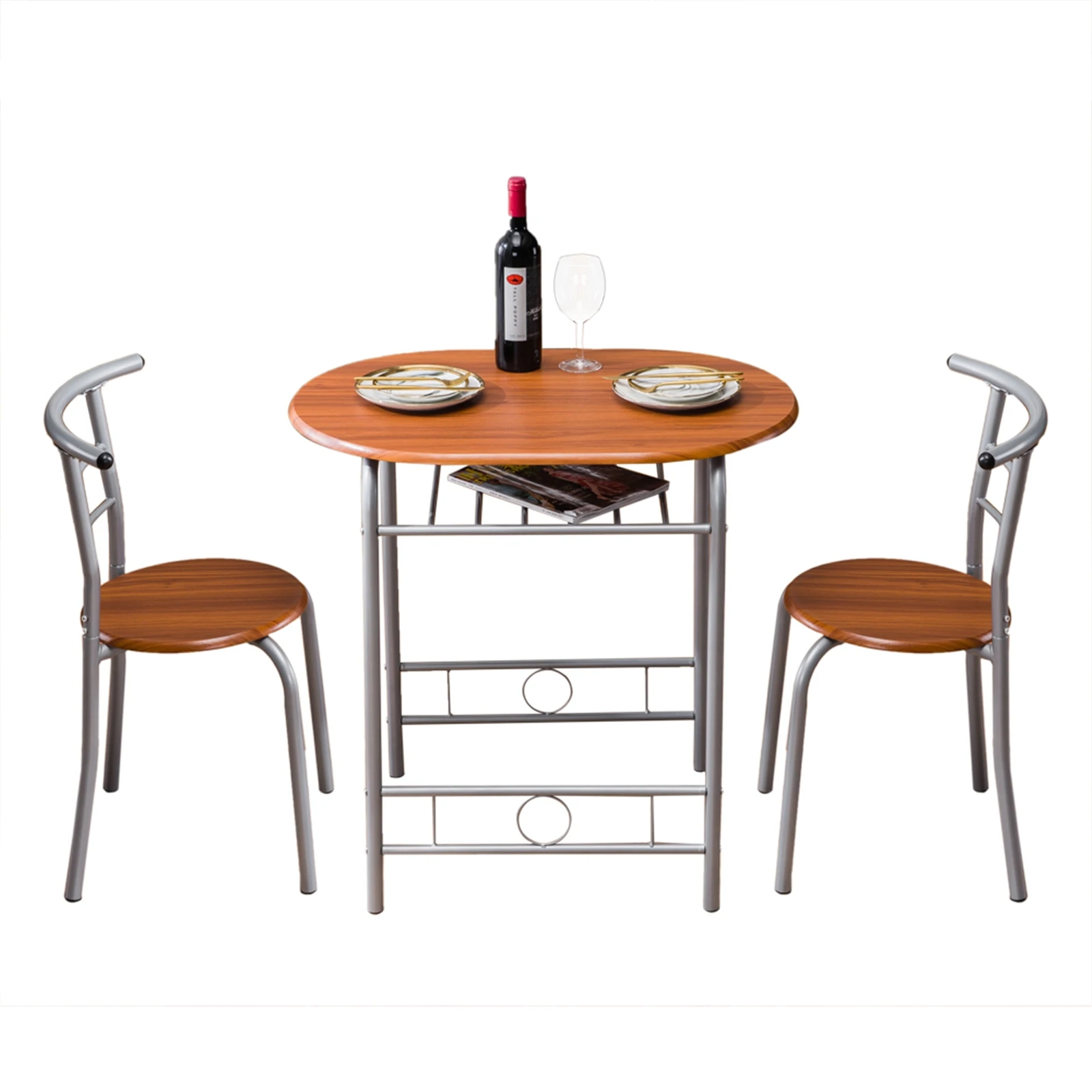 Three piece set, one table and two chairs, suitable for dining room balconies, brown wood grain PVC