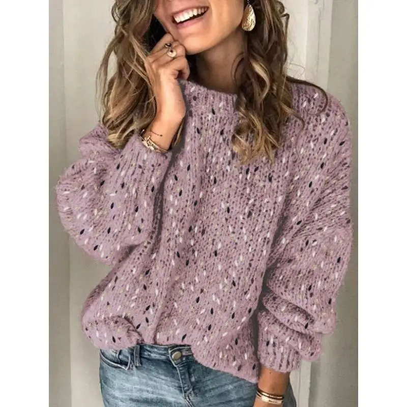 

H 0784 Women's Autumn Winter Casual Mixed Color Knitted Sweater Ci Walk Collar Nine Points Sve Coolmax Fiber