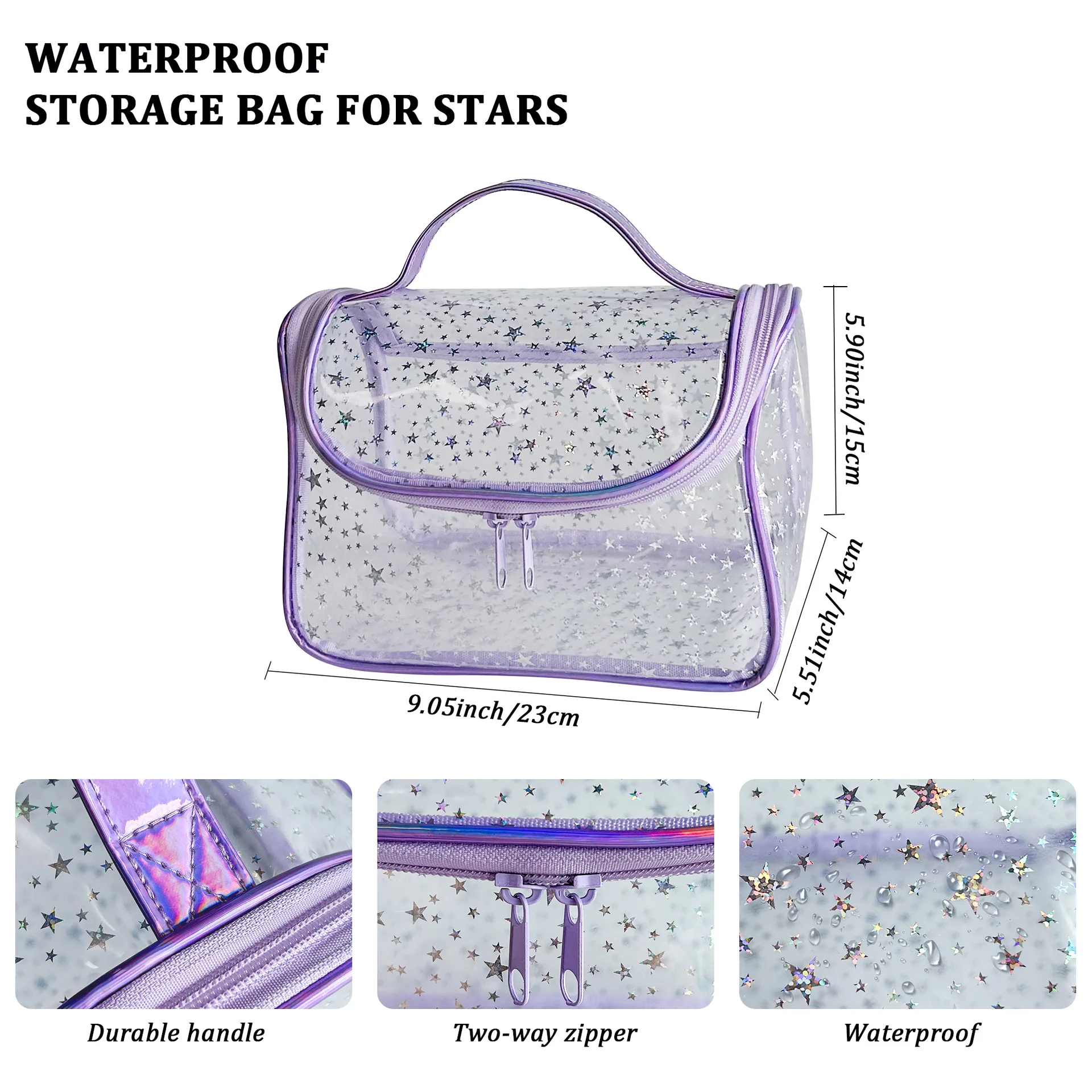 Transparente Kosmetiktasche mit Sternenmuster, aus wasserdichtem PVC, verstärkter Griff, große Kapazität, PVC-Toilettentasche für Reisen. – Detail 3