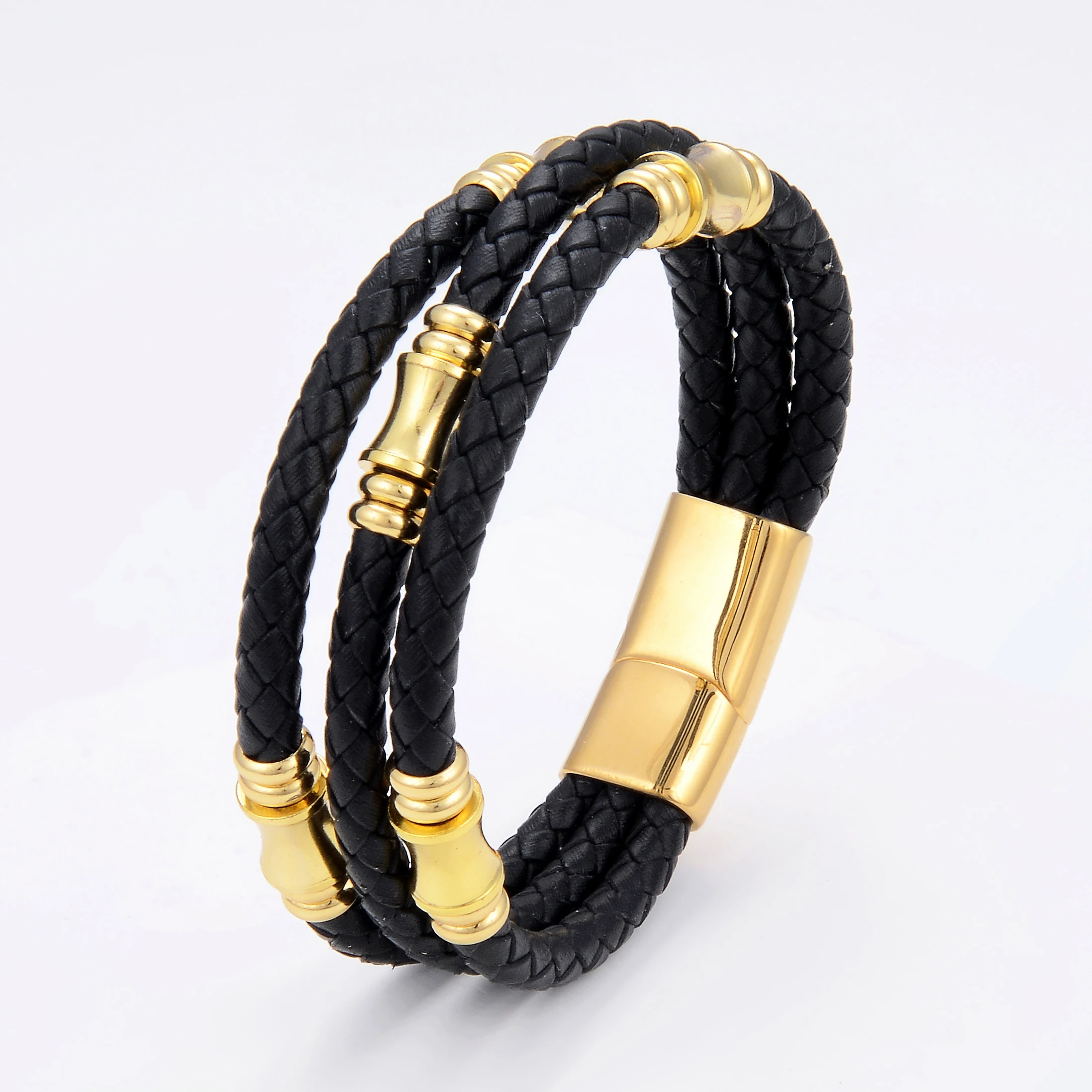 Black Weave Genuine Leather Bracelets For Men Punk Style Stainless Steel Men's Fashion Jewelry 2022 Wholesale