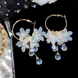 new korean sweet transparent crystal flower drop earrings for women temperament long tassel earrings female elegant jewelry gift