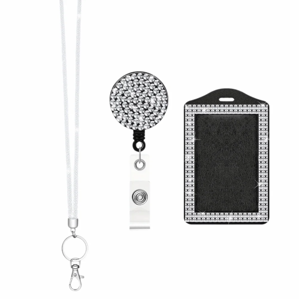 

Bling ID Holder with Lanyard Rhinestone Decorated Retractable Lanyard Retractable Badge Holder Easy Pull Buckle Adjustable