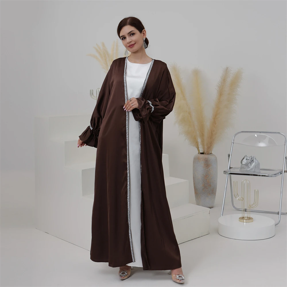 2 Piece Satin Abaya Kimono Matching Muslim Sets Beads Eid Open Abayas for Women Dubai Turkey Inner Dress Islamic Modest Outfits