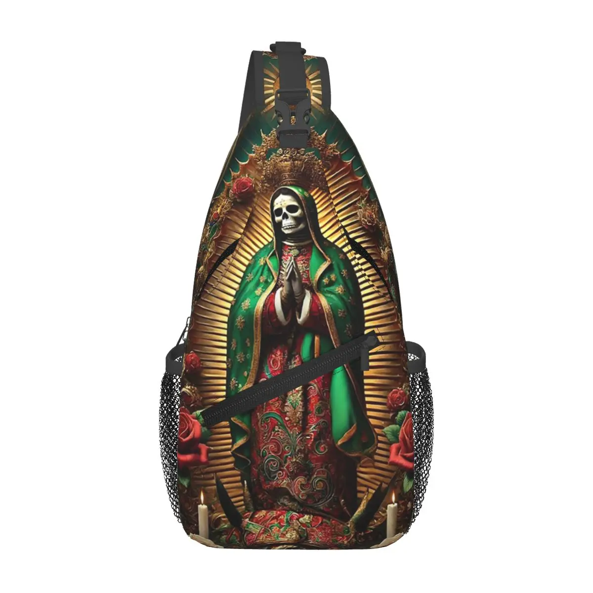 Santa Muerte Spanish Chest Bag Men Sling Crossbody Backpack Chest Bag Traveling Hiking Daypack Shoulder Bag