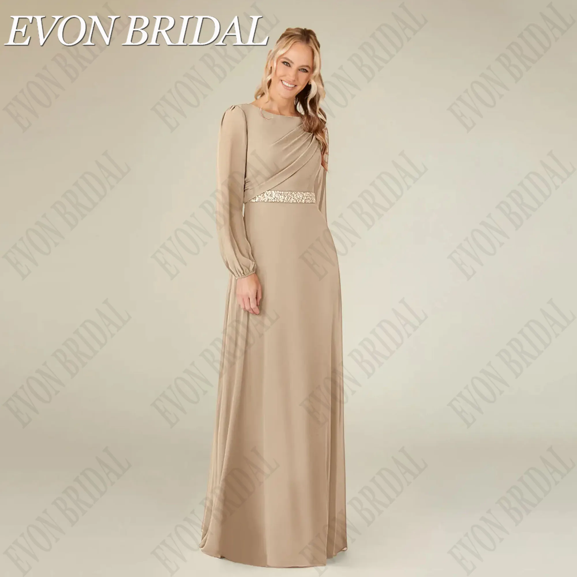 

EVON BRIDAL Champagne Chffion Wedding Guest Dresses O-Neck A-Line Mother Of The Bridal Gowns Long Sleeves فساتين سهرة Customized