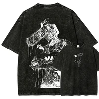 Camiseta lavada con ácido de Anime Mang, camiseta con gráfico de motosierra para hombres y mujeres, ropa de calle Harajuku de algodón pesado de gran tamaño para mujer y hombre