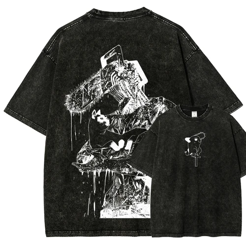 Camiseta lavada con ácido de Anime Mang, camiseta con gráfico de motosierra para hombres y mujeres, ropa de calle Harajuku de algodón pesado de gran tamaño para mujer y hombre