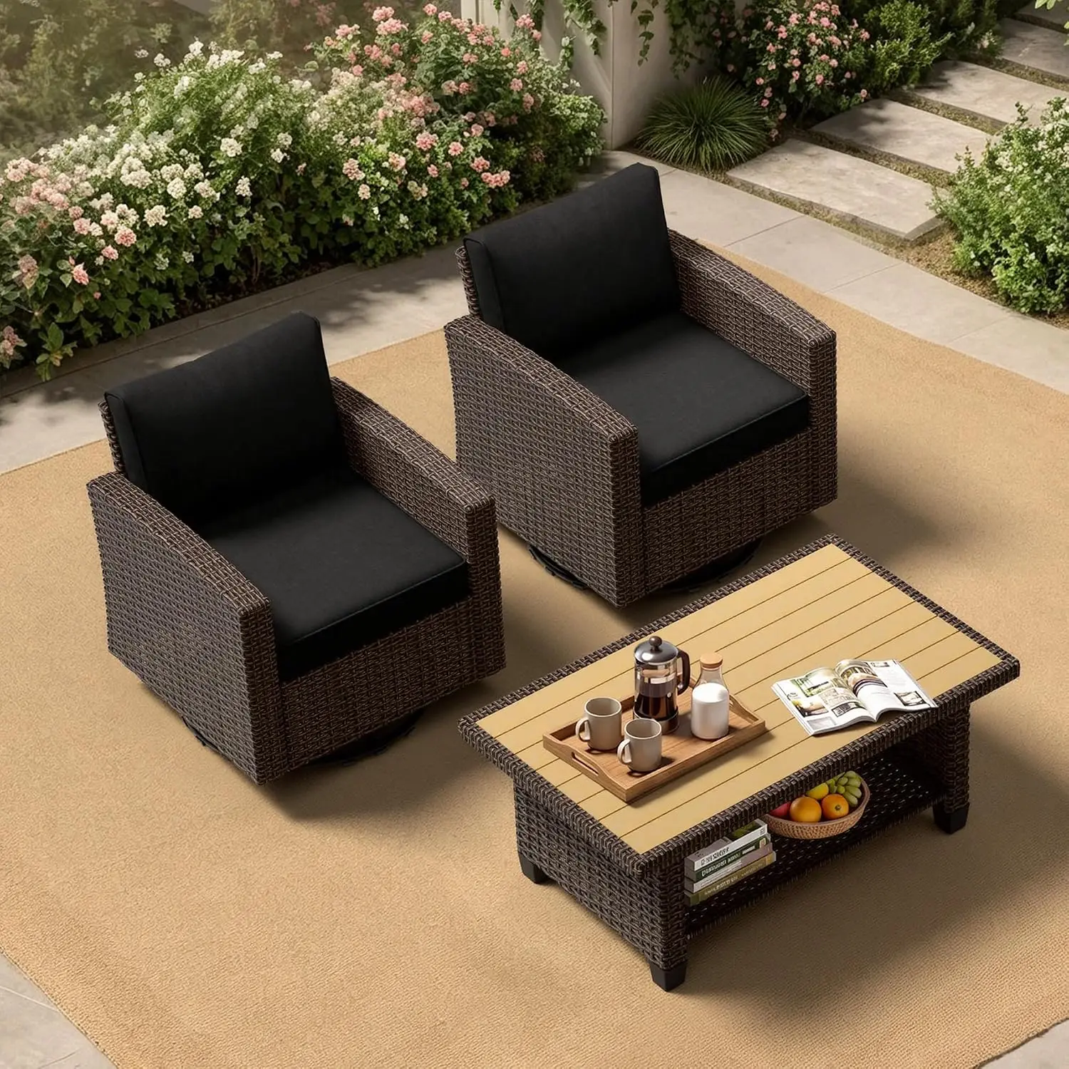 Thicker Wicker Patio Furniture Set, 3 Piece Outdoor Conversation Set, Rocking Swivel Chair & Modular Rattan Sectional Sofa for B