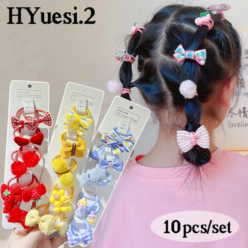 10pcs/Set Cute Cloth Bowknot Hair Ties Cartoon Princess Bear Rabbit Head Rope Candy Color Ponytail Holder Bands For Toddler Girl