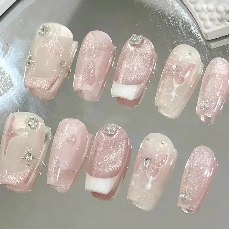 24 Uds. De ojos de gato rosa, uñas postizas de longitud media, arte de uñas postizas de ballet francés con diseño de mariposa, puntas de manicura duraderas