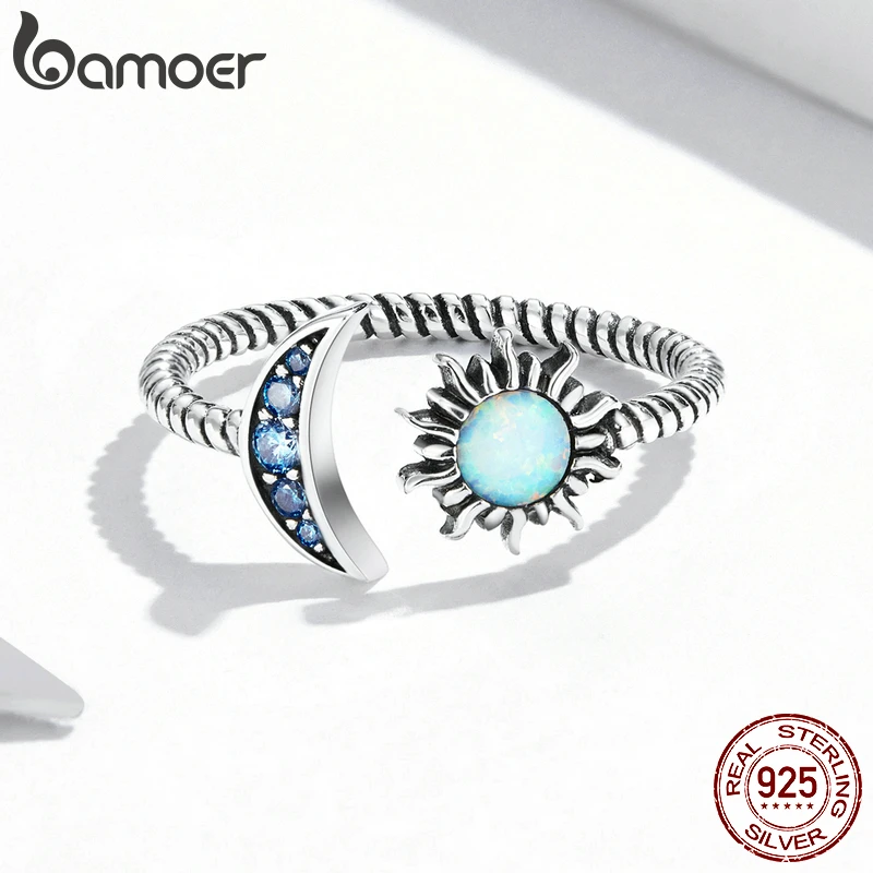 BAMOER Authentic 925 Sterling Silver Shining Sun & Moon Open Size Ring for Women Vintage Opal Ring Fine Jewelry Party Gift