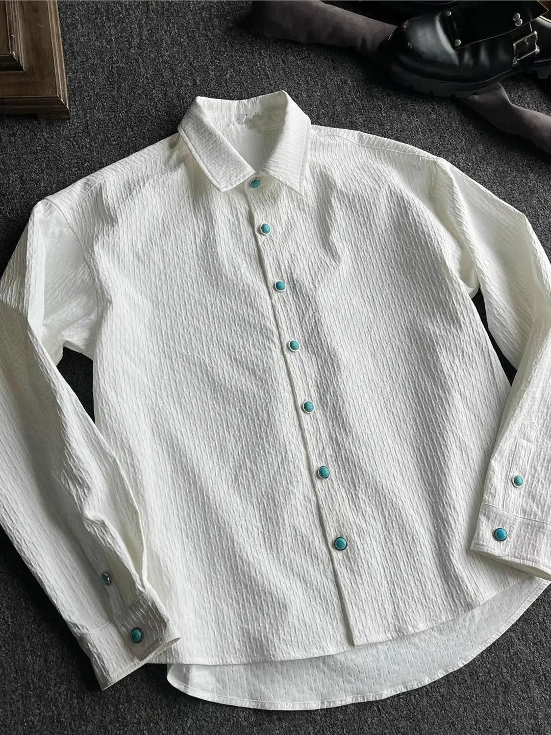 

Мужская рубашка с длинным рукавом для весны и осени, бирюзовая, с отложным воротником, белая, приталенная, повседневная, из дышащего полиэфирного волокна