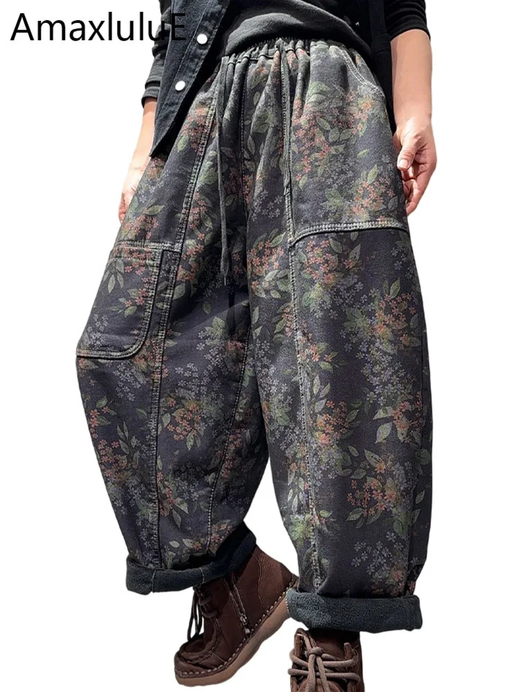 

Amax LuluE зимние повседневные винтажные джинсы с цветочным принтом, женские модные меховые джинсовые брюки, женские классические теплые утепленные брюки-шаровары с принтом