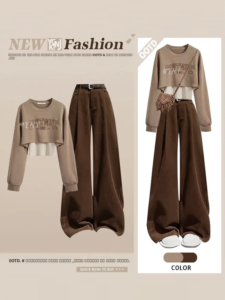 

Женский осенний модный комплект: брюки с широкими штанинами, футболка с длинным рукавом и круглым вырезом в стиле Salt System Gentle Street Style, костюм-двойка