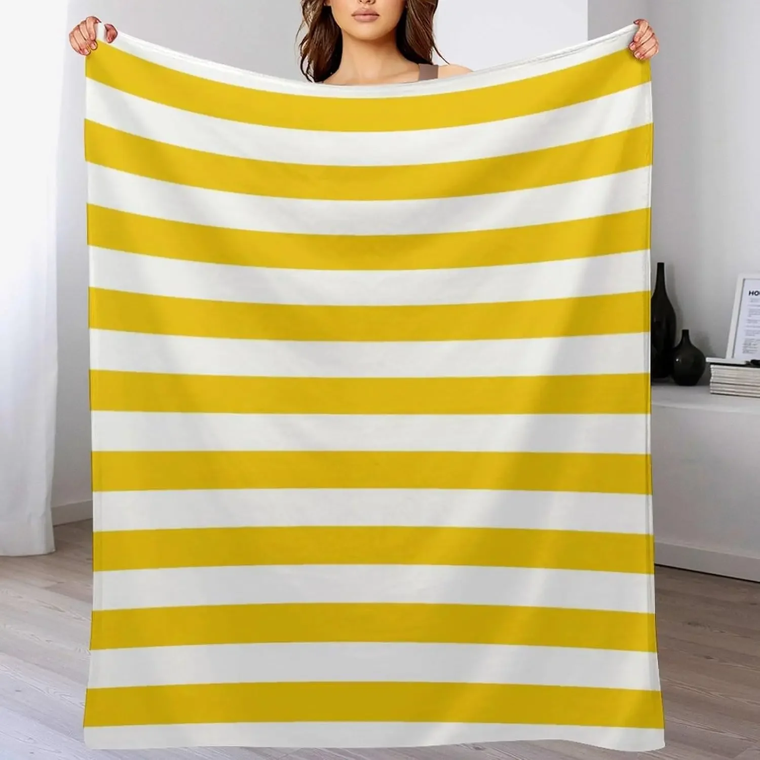 Classic Yellow White Striped All Over Pattern Soft Flannel Blanket Light Decor Blanket For Living Room Couch Travel Daily Use