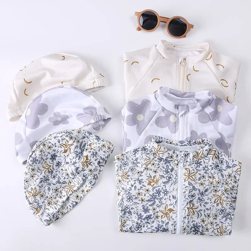 New 2025 Summer Girls One-piece Swimsuit Baby Long Sleeve Sunscreen Quick-Dry Cute Floral Print Swimwear Toddler Bathing Costume