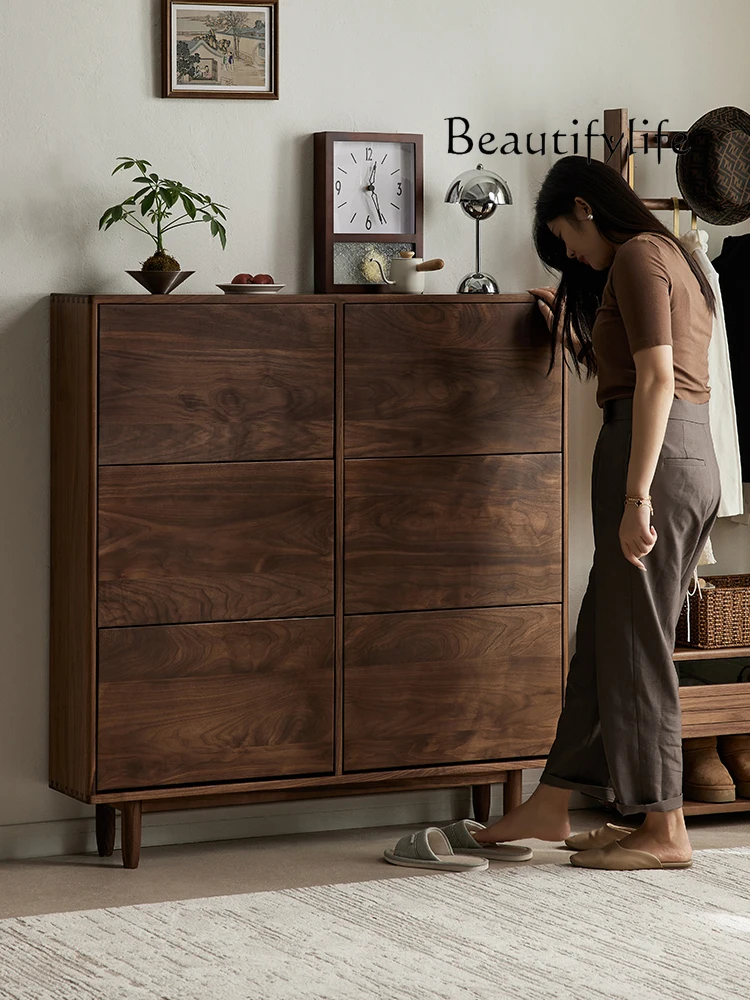 North American black walnut shoe cabinet household wall ultra-thin tipping bucket retro small apartment entrance cabinet new