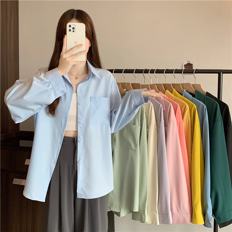 Spring Autumn Women's Long Sleeve Shirts Cardigan Casual Loose Pockets Button-Up Long Shirts Korean Style Holiday Beach Cover-Up