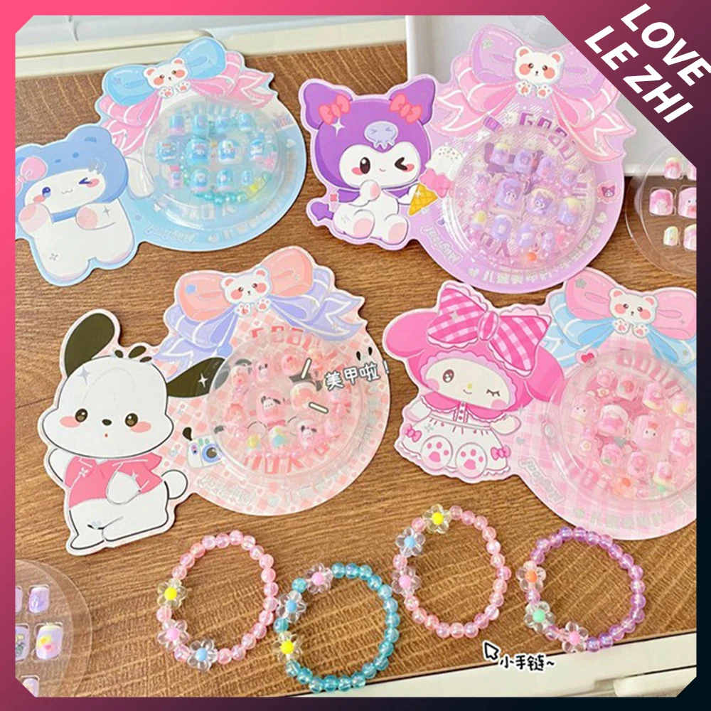 

Sanrioed Hello Kittys Cute Girl Detachable Kids False Nail Cartoon Full Cover Children Fake Nails Set Bracelets Accessories