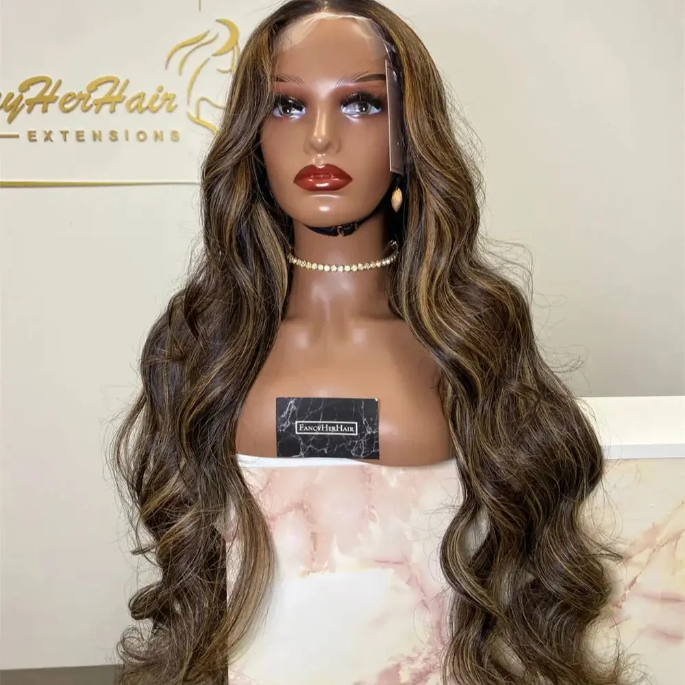 

Длинный волнистый светло-коричневый блондин парик Balayage Colored Wig со светлыми бликами Синтетические волосы Парик спереди на шнуровке для белых женщин