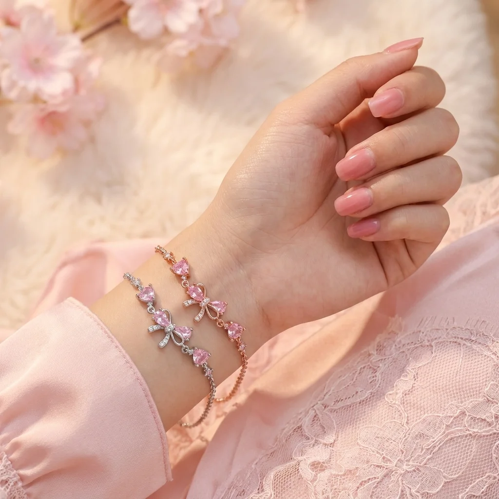 Niedliches und Süßes Armband im INS-Stil mit Zirkon-Schleife für Damen aus Kupfermaterial, Vergoldet – Detail 4