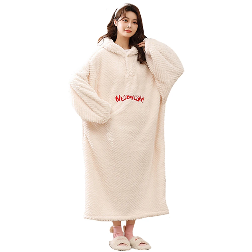 White Elegant Long-sleeved Flannel Winter Nightgown Letter Embroidered Plush Warm Nightdress Women's Hooded Long Night Robes