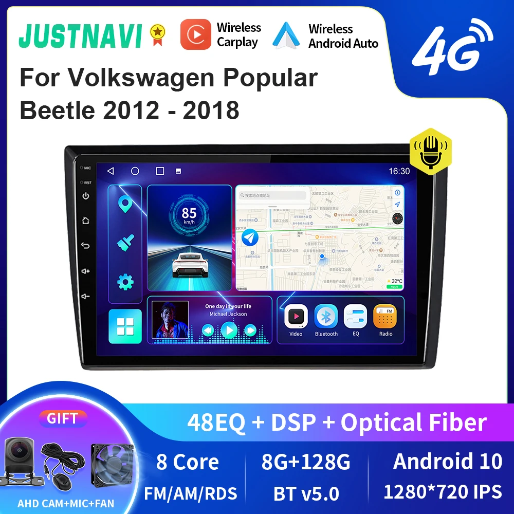 

JUSTNAVI QT10 Wireless CarPlay Android Auto Radio For Volkswagen Popular Beetle 2012 - 2018 Car Multimedia Video Player GPS DVD